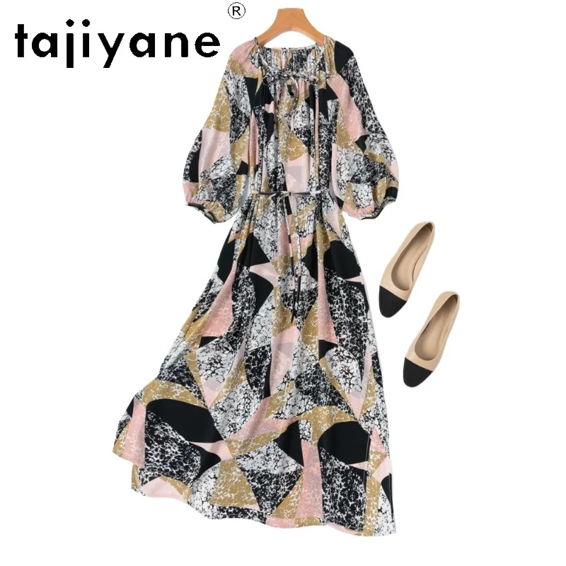 

TAJIYANE 100% Real Mulberry Silk Dress Woman Print O-Neck Puff Sleeves Belted Long Dresses Vacation Frocks 2026 Summer Clothes여름