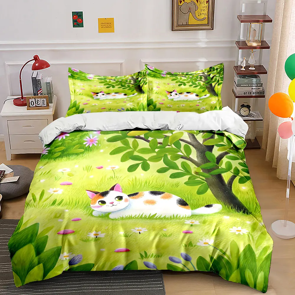 Cute cat in meadow. Print Bedding Set 1 Duvet Cover 2 Pillowcases for Adult and Children Luxury Gift Full Size