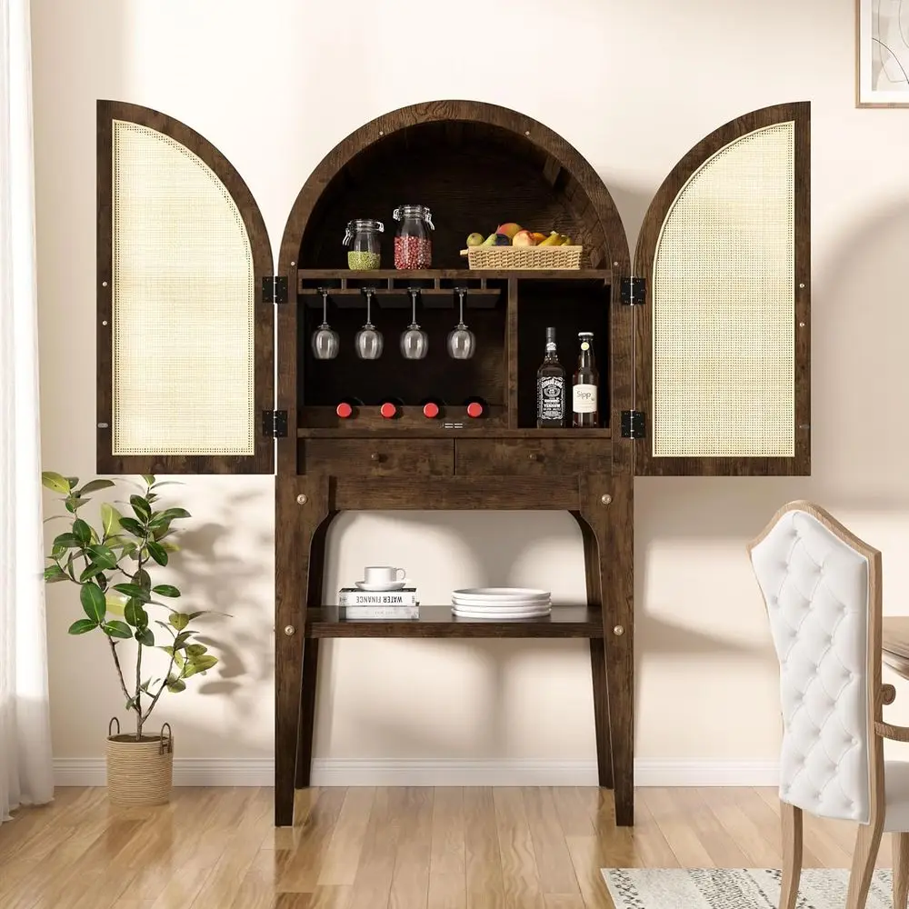 

Walnut 64 Tall Arched Wine Cabinet with Storage, Glass Holders, and Wine Racks for Home Bar