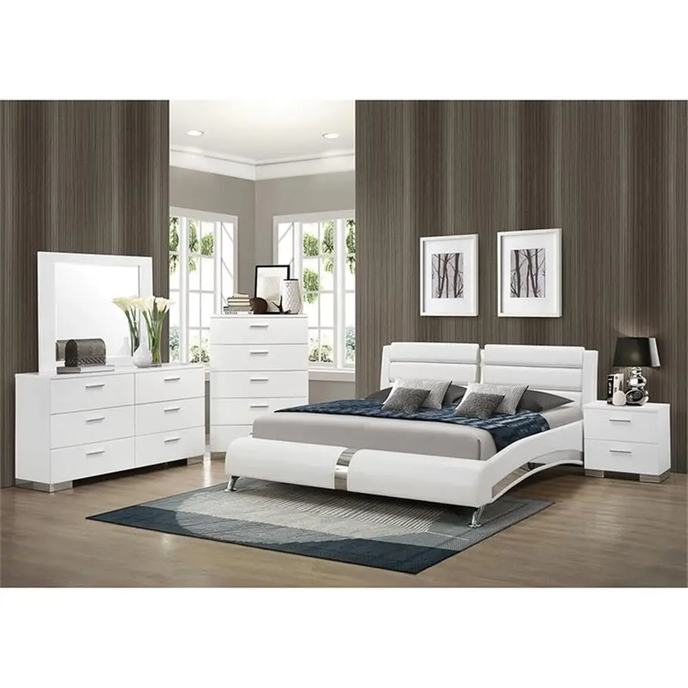 Glossy White 2 Drawer Nightstand with Chrome Accents, Modern Bedroom Storage, 22.5