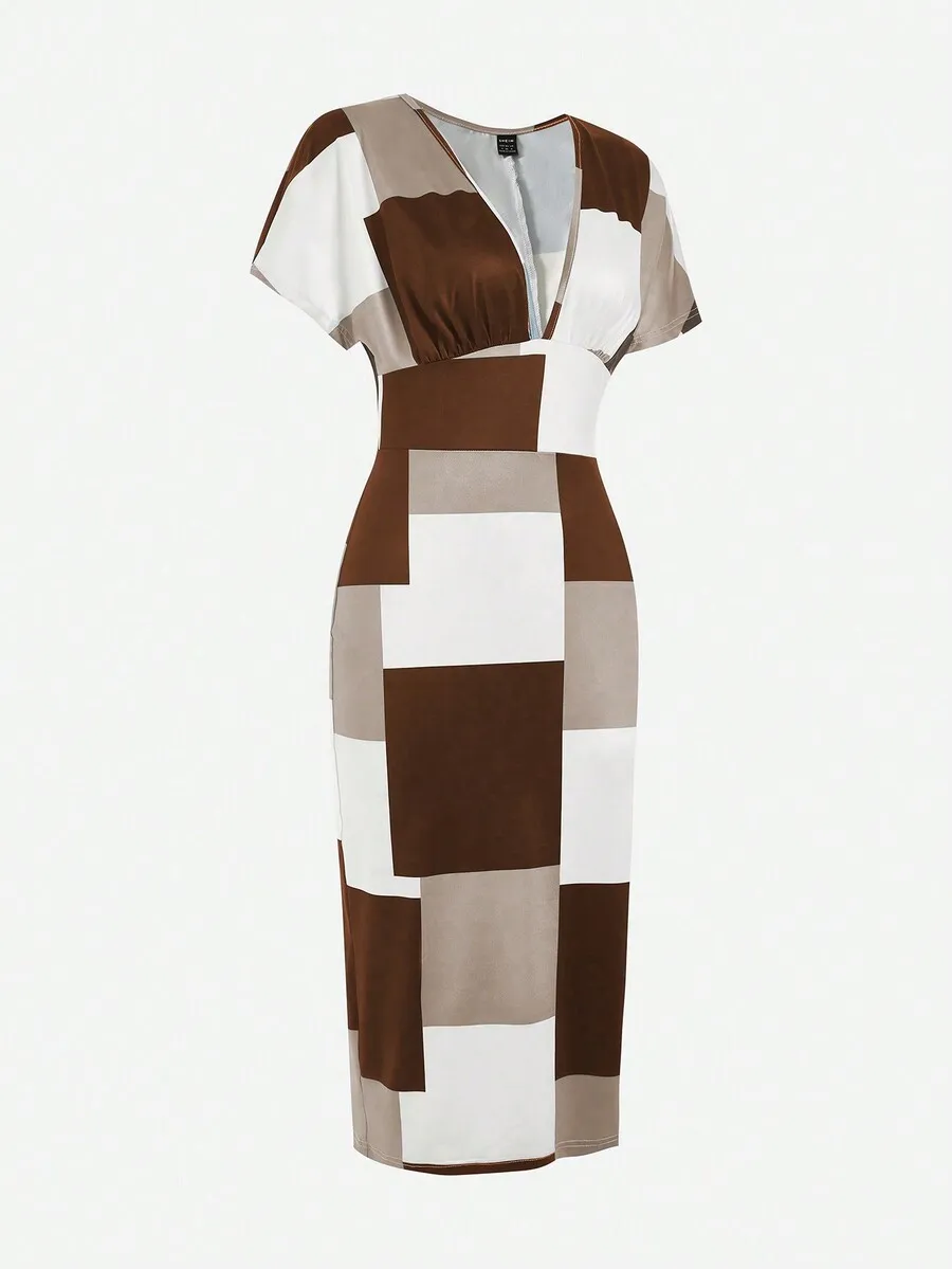 Deep V Neck Colorblock Bodycon Dress Maxi Women Outfit