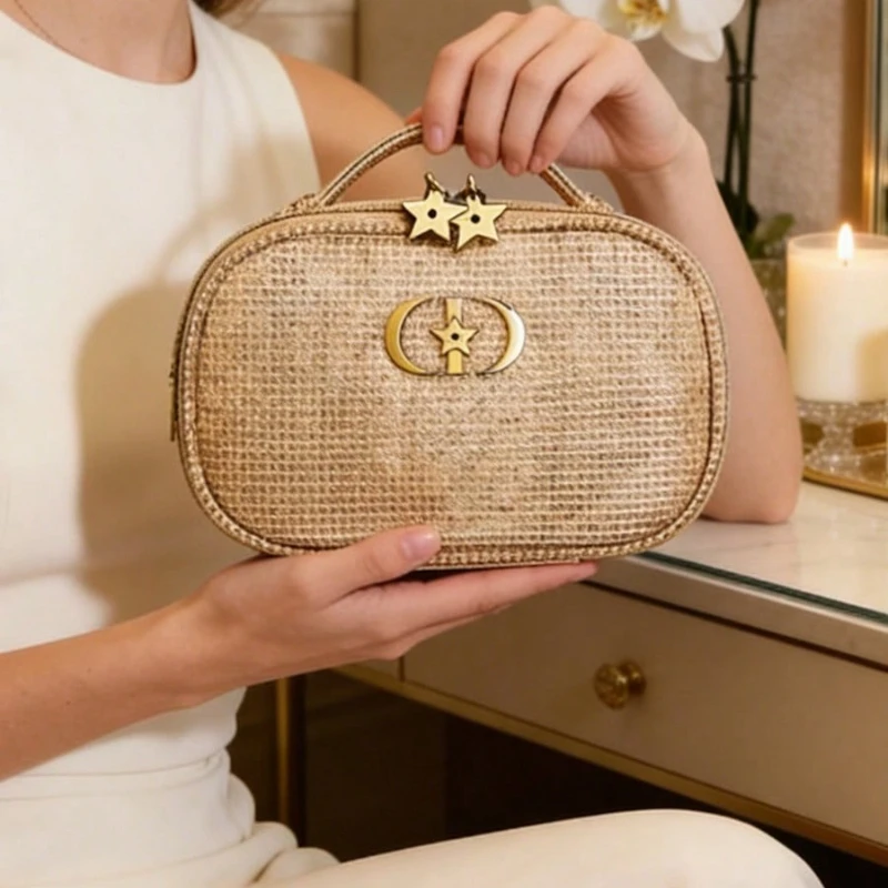 Dior’s bag Golden Shiny Woven Cosmetic Bag CD Metal Logo Star Zipper Head Portable Travel Wash Pouch Perfect Luxury Ladies Gift view 5