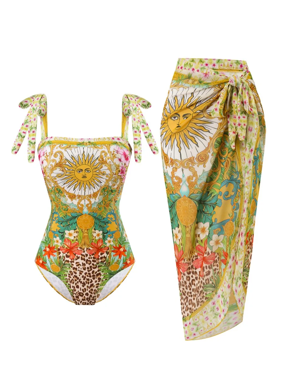 

Women Vintage Print Swimwear 2026 One-Piece Swimsuit With Sarong Wrap Beach Skirt Female Bathers Bathing Swimming Suit Summer