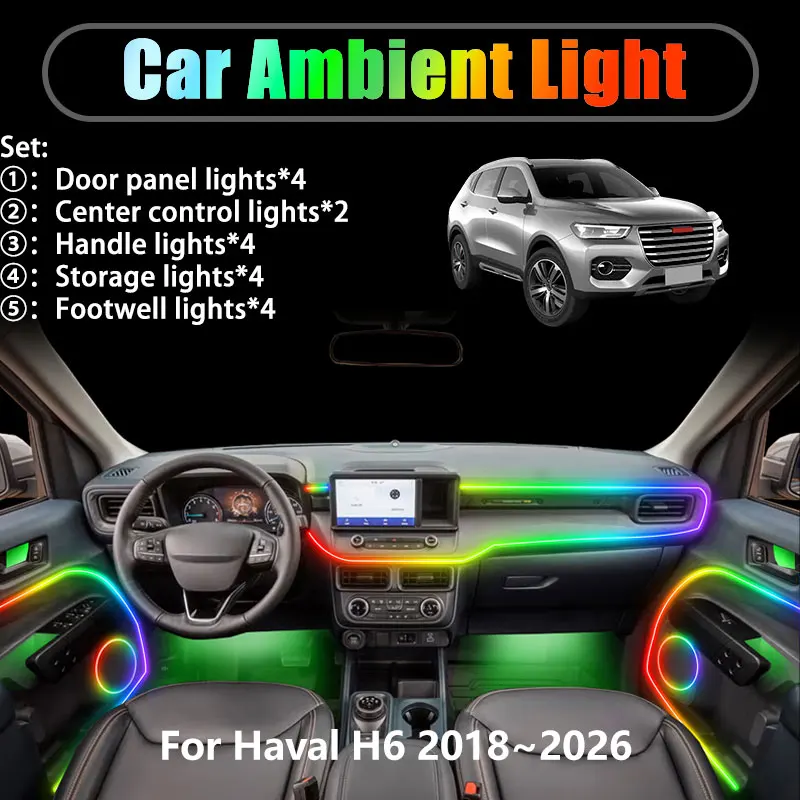 

Для Haval H6 2018 ~ 2026 2019 2020 2021 MK2 2/18 в 1 Автомобильное окружающее освещение Светодиодные внутренние светодиодные фонари багажника USB RGB Ensemble Streamer