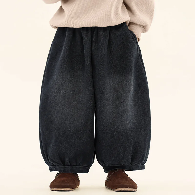 Boys' Fleece Jeans Winter Style Children's One-piece Fleece Lantern Pants