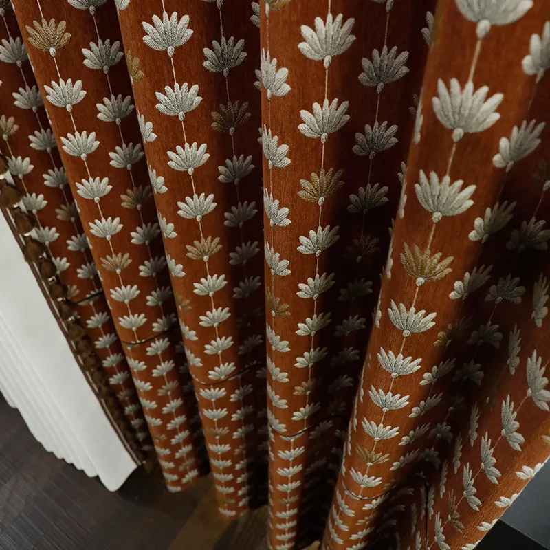 Maple Leaf Red Embroidery Thickened Chenille Curtains for Living Room Bedroom French Window Balcony Customized Products