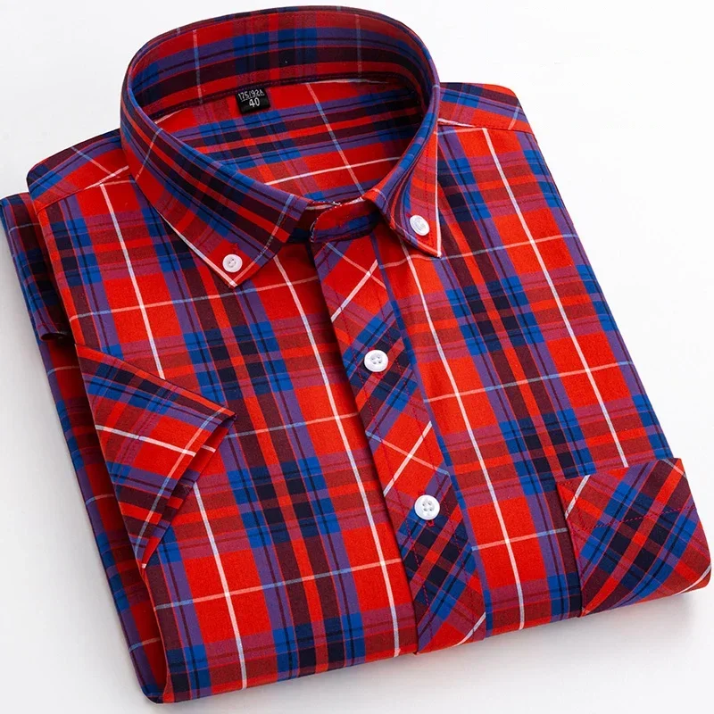 2024 Summer Cotton Plaid Short Sleeve Shirts For Men Plus Size Regular Fit Classic Young  England  Style Shirts Man's Clothing