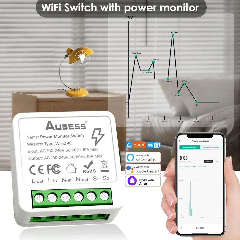 Tuya Smart Switch 16A Wifi Light Switch Two Way Control With Power Metering Work With Alexa Google Home Yandex Alice Smart Life