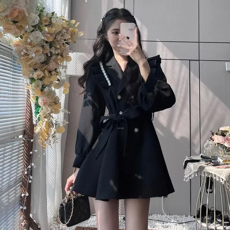 Elegant Black Socialite Style Medium-length Trench Coat Ruffle Edge For Spring 2023