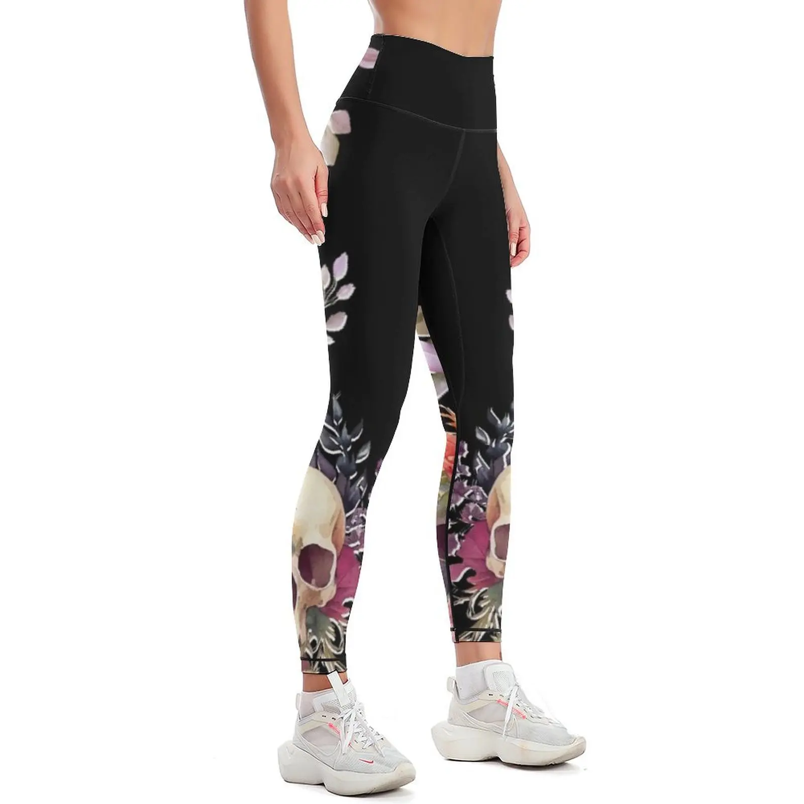 Whimsical Floral Delight Around a Skull - Black Leggings gym top sporty woman gym for girls Womens Leggings