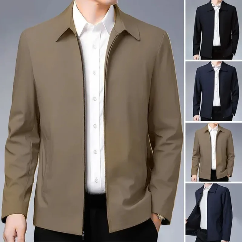 

Men Jacket Elegant Mid-aged Men's Lapel Jacket with Zipper Closure Pockets for Formal Business or Casual Wear in Spring Fall