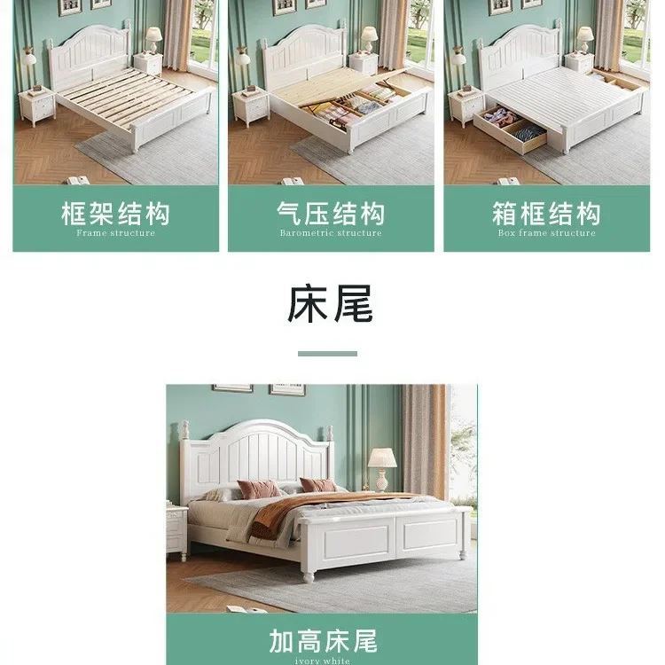 American solid wood bed modern simple 1.8 meters white double  master bedroom 1.5 meters single 1.2m princess bed wedding
