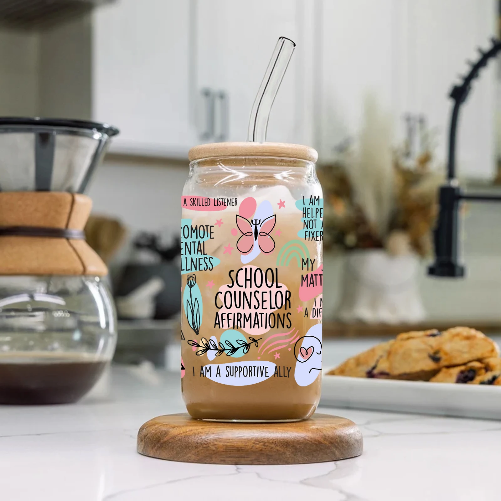 

1pc School Counselor Daily Affirmations 3d Printed Glass Coffee Can With Lid&Straw Soda Can Glass Coffee Cup Mug Party Favor
