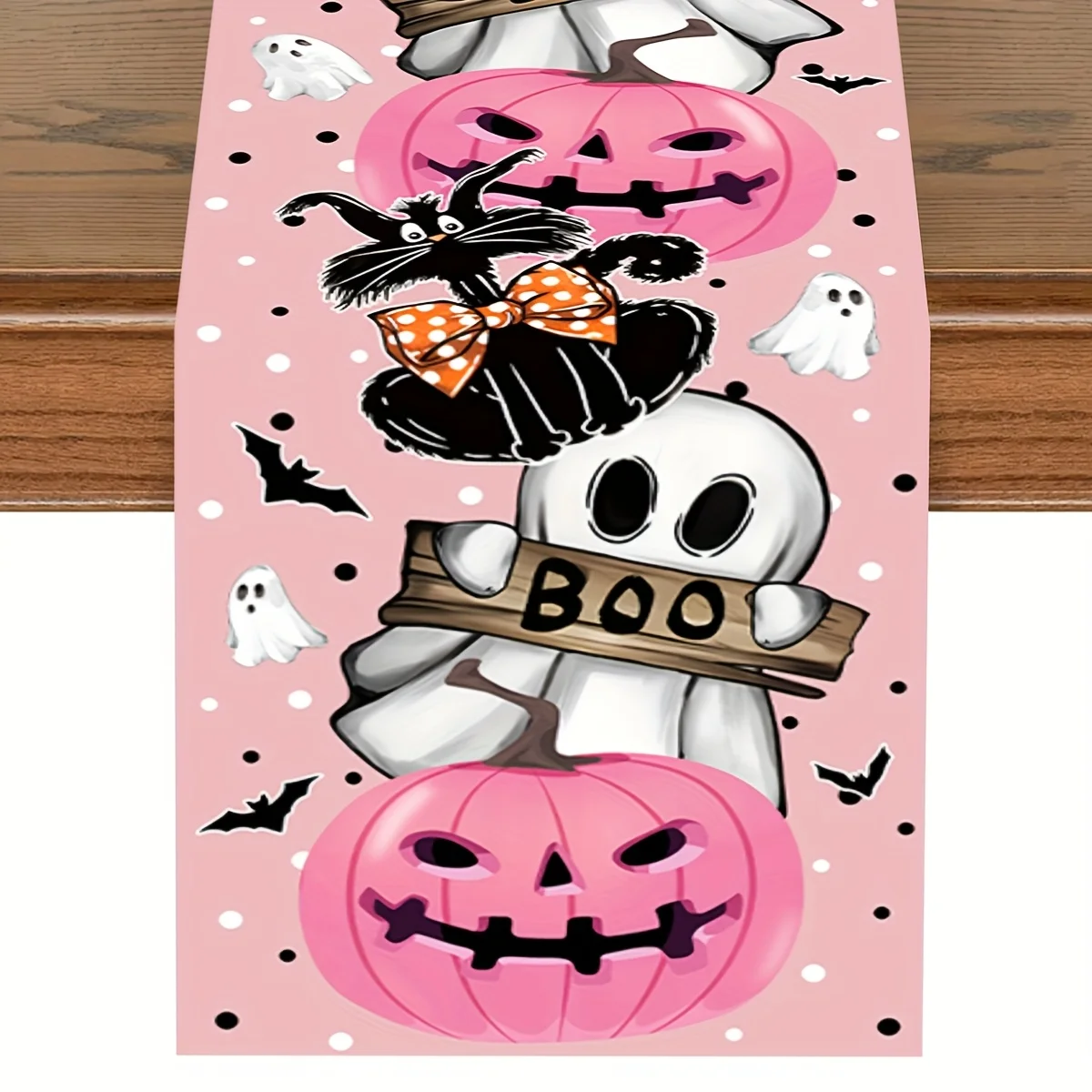 1pc Halloween Table Runner with Pink Pumpkins, Ghosts, Black Cats Perfect for Halloween Parties, Holiday Dinners Table Decor