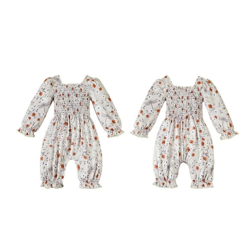 

Baby Girls Jumpsuit Long Sleeve Square Neck Pleated Flower Print Casual Romper Clothes