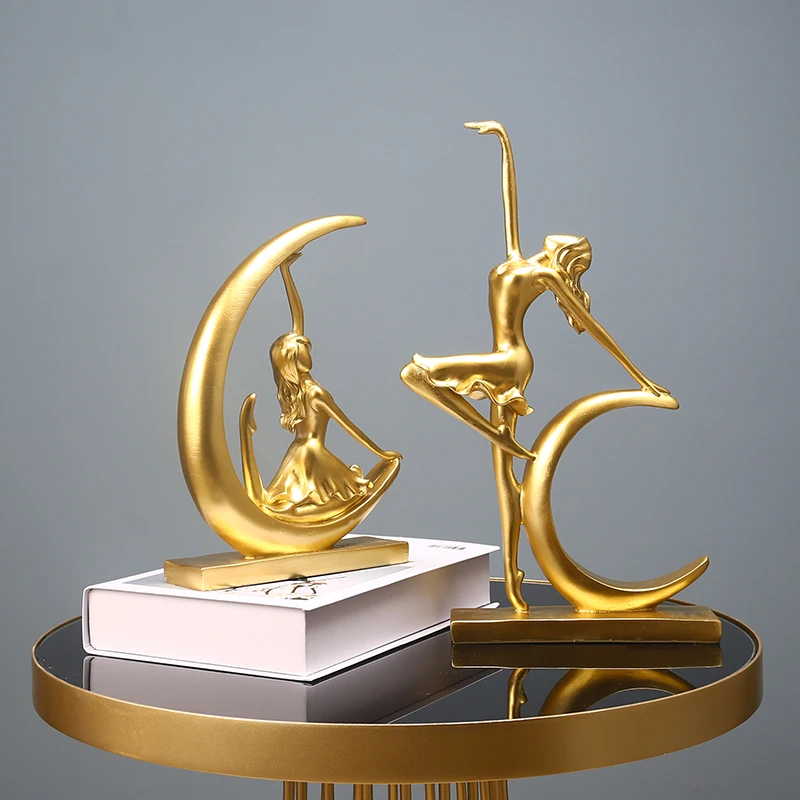 European-style Luxury Golden Dancing Girl Sculpture Store Decoration Abstract Ballet Moon Figurine Birthday Gift Home Decor