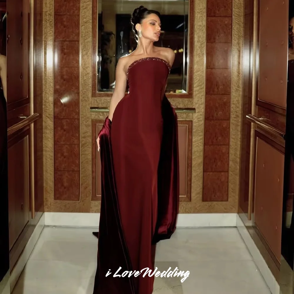 

Burgundy Strapless Evening Dresses 2025 Sleeveless Beaded Backless Mermaid Floor-Length Pleated Wedding Party Dresses Customized