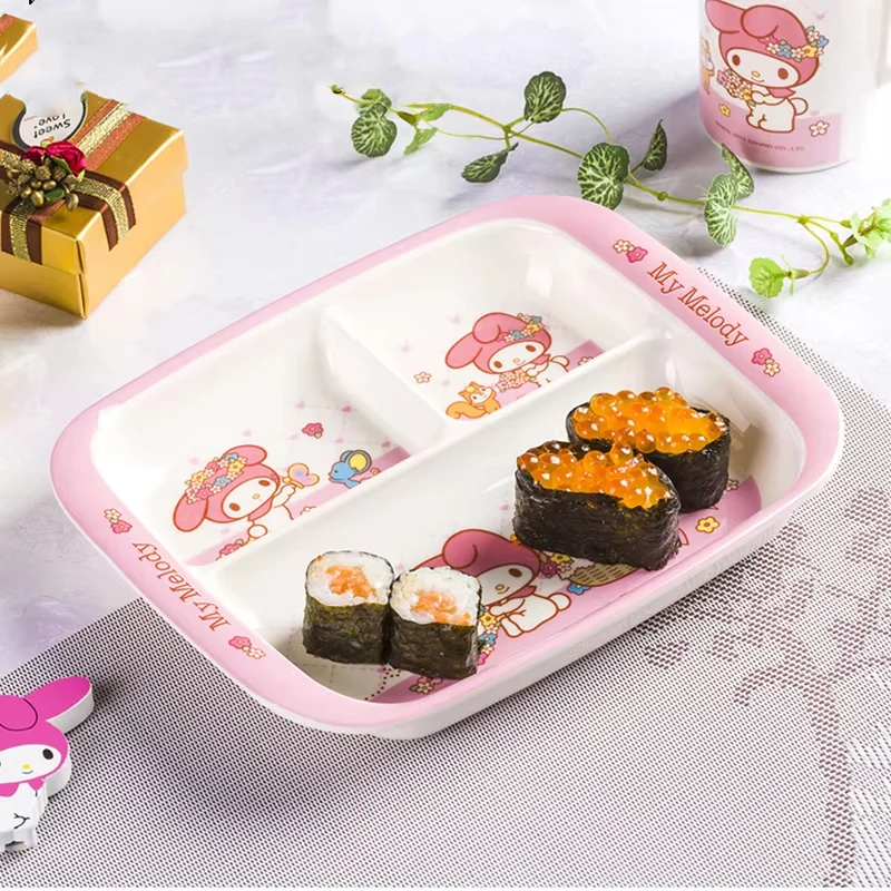 WUHE Sanrio My Melody Kids Melamine Bowls Divide Plate Cartoon Tableware Set BPA-Free Anti Scald Dinnerware Dishwasher Safe