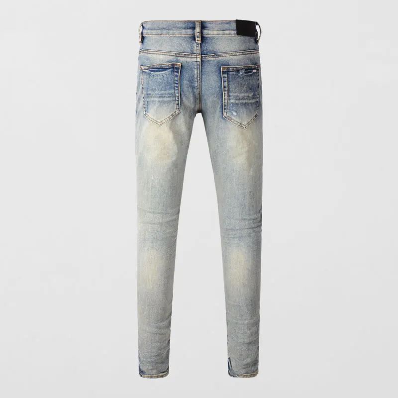 Men Gradient Light Blue Faded Wash Red Patch Ripped Stretch Skinny Denim Jeans Hip Hop Streetwear Denim Jeans hombre
