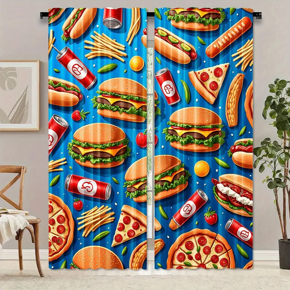Fast Food Burger Pizza Curtain 2 Panels Hot Dog French Fries Soda Bright Blue Background Master Bedroom Curtain Snack Kitchen
