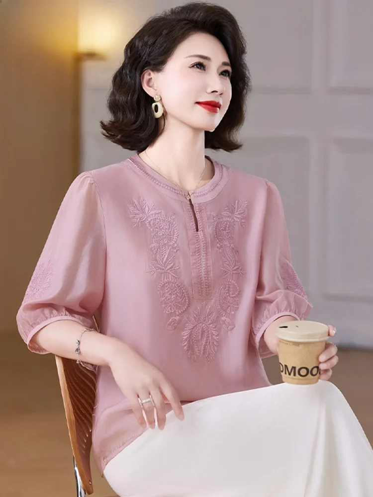 

Ele Cotton Linen Summer Outfit ort Sve irt Women's Faion Loose Fit round Ne Two-Piece Set for Middle-Aged Mothers