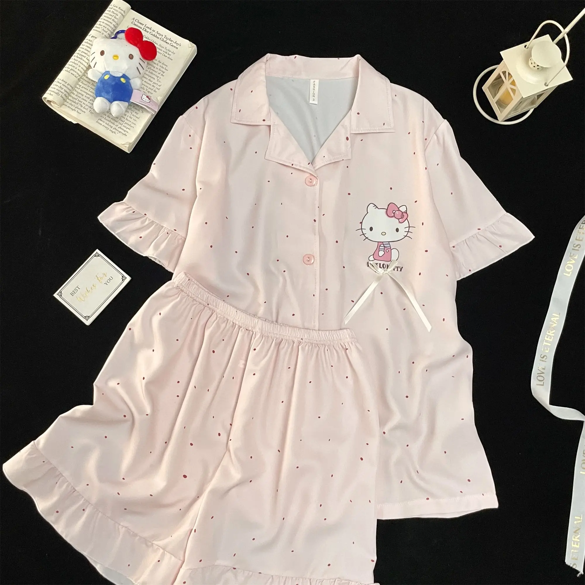 

Hello Kitty Pajamas Set with Ruffle for Women Summer New Sleepwear Top and Shorts Cartoon Soft Comfortable Elegant Homewear Y2K