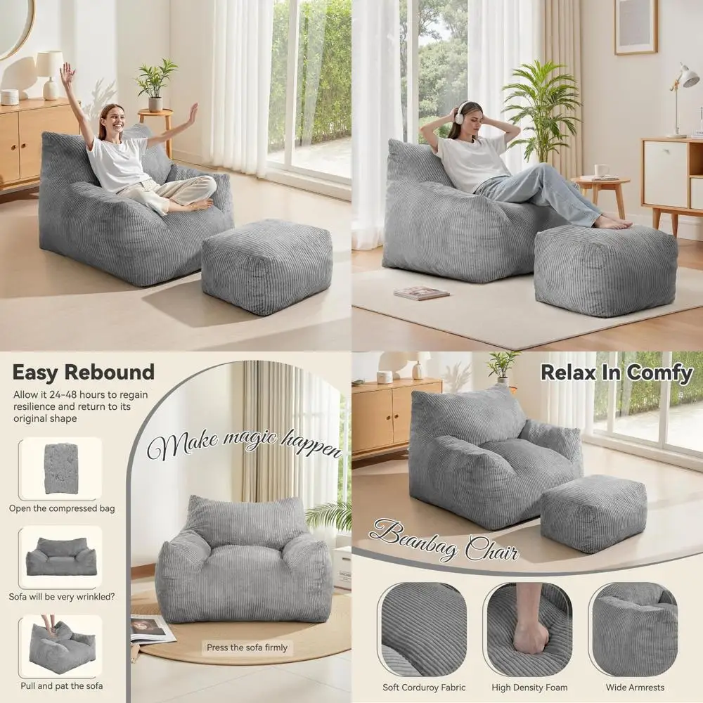 

Adult 3-Foot Pre-Filled Bean Bag Chair with Ottoman, Fluffy Lazy Chair in Corded Fabric Accent Style for Comfortable Seating