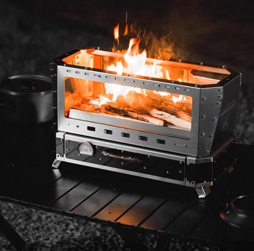 

Portable Polished Stainless Steel Camping Grill Creative Lid-Flip Charcoal/Wood-Burning Stove Fireplace Tent Heating
