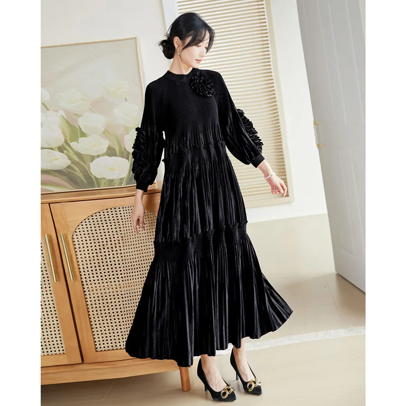 Dresses Fashion For Women Miyake Pleated Loose Stretch Autumn and Winter High Quality Velvet Long Dress Female