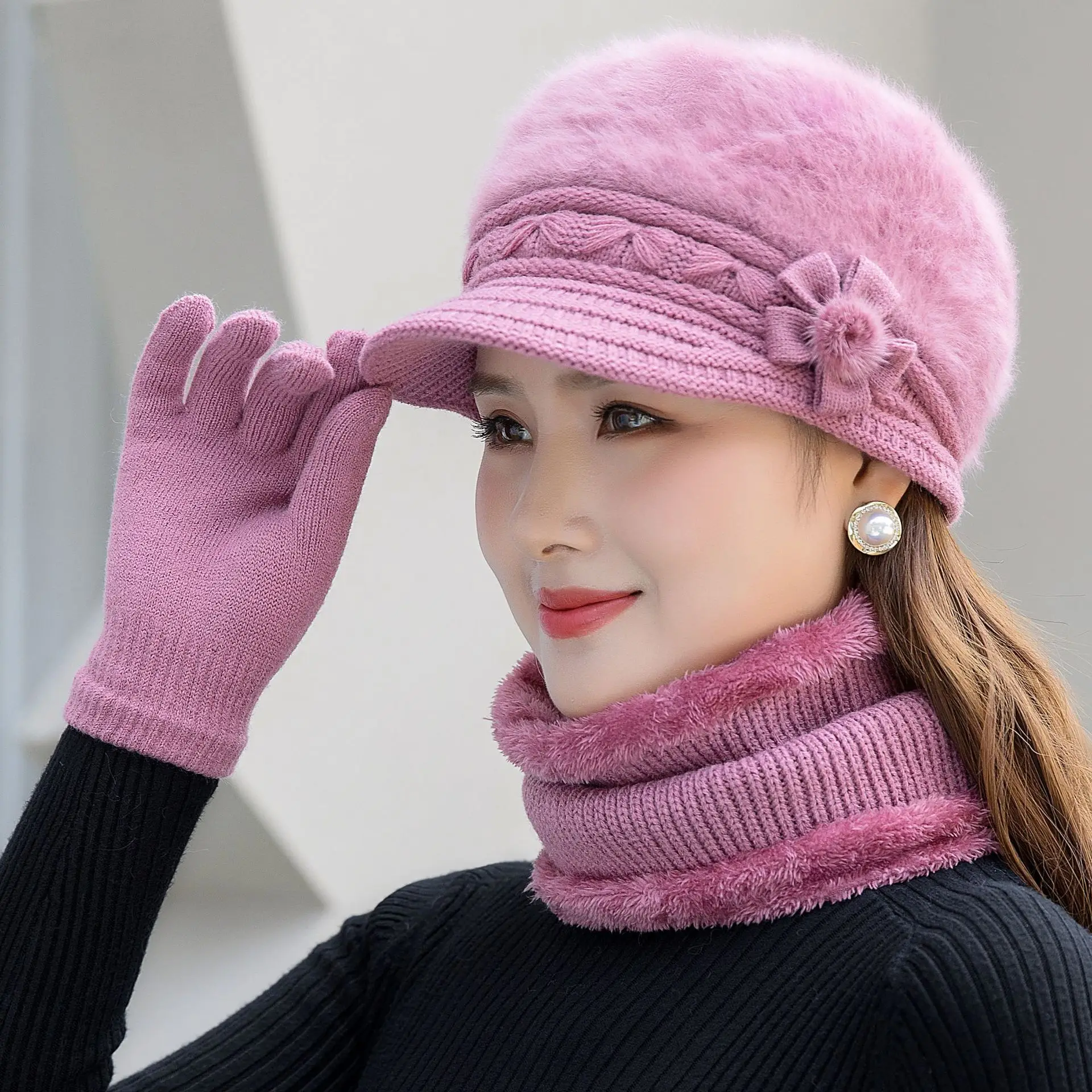 

Female Casual Rabbit Fur Winter Knitted Hat Hot Women Winter Hat Keep Warm Cap Add Fur Lined Hat And Scarf Set Warm Hats