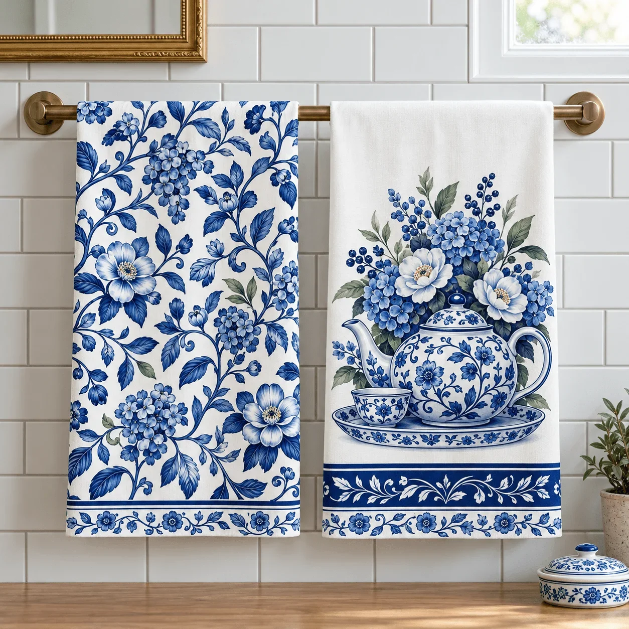 2 towels, polyester blue and white flower towels, twisted branches pattern with teapot hydrangea pattern