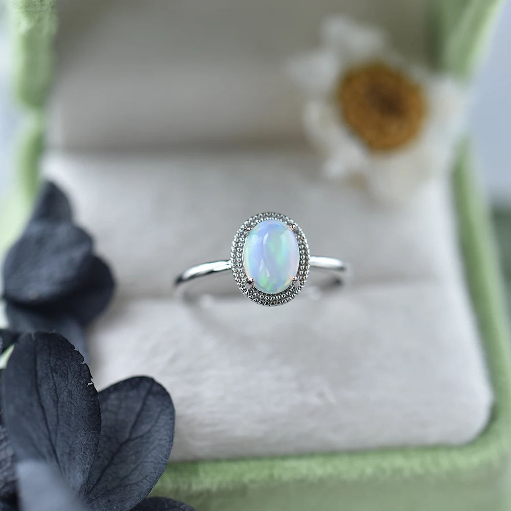 ITSMOS Natural Opal Rings Halo Oval Opal Vintage Antique Ring Vintage Bands Daily Jewelry for Women Birthstone Delicate Gift