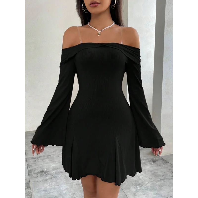 

Women's Fashion Mature Sexy Style Dress Autumn Winter High Cold Temperament Off-Shoulder Slim Short Dress