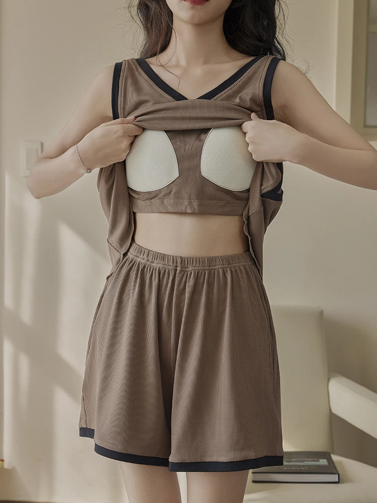 

Women's Summer New Ice Silk Thin Cool Feeling Svel Nightgown with Chest Pad Home Clothes ort Pants Breathable Light
