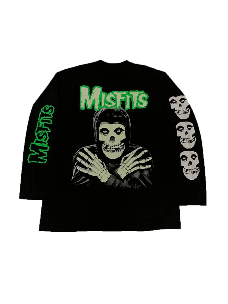 

Ретро-футболка унисекс с длинным рукавом из чистого хлопка с принтом «Голова черепа» в стиле американской уличной рок-группы Misfits, дышащая, влагоотводящая