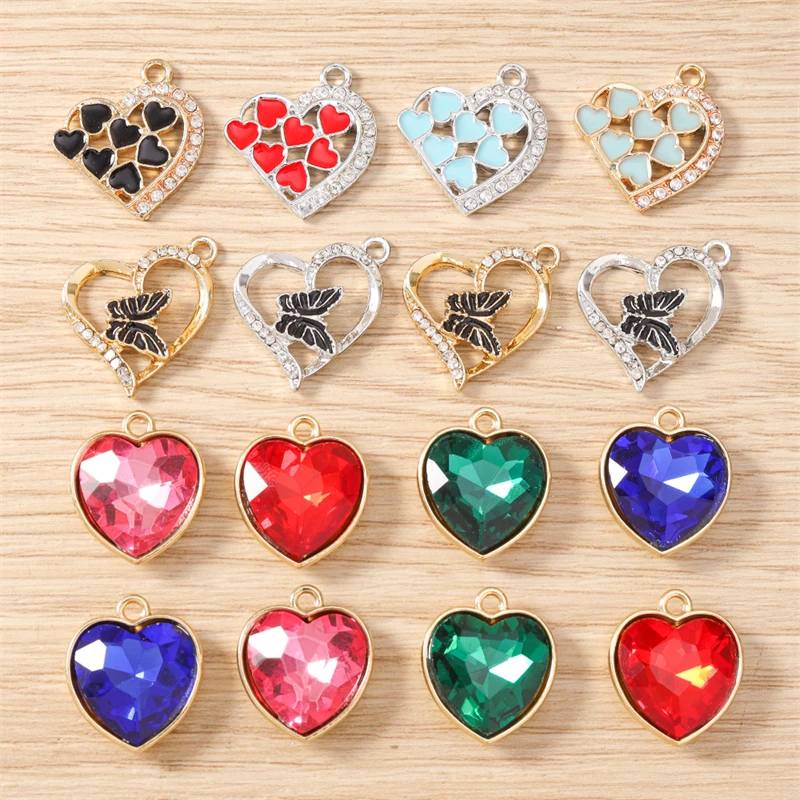 10 Stück niedliche, bunte Kristall-Metall-Herzanhänger für die Schmuckherstellung, Anhänger für Halsketten, Ohrringe, Armbänder, DIY-Bastelarbeiten, Geschenke – Detail 1