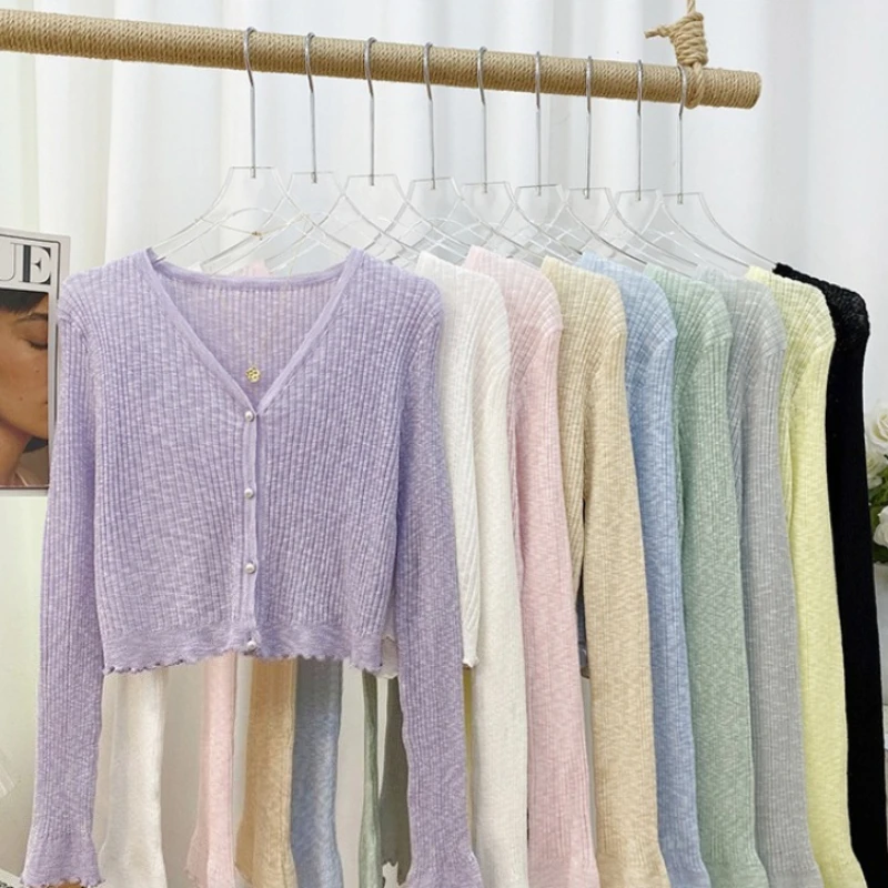 Cárdigan de punto de seda helada con volantes delicados y manga larga, protección solar, para mujer, primavera-verano 2026, abrigo casual fino con botones de perlas cortos