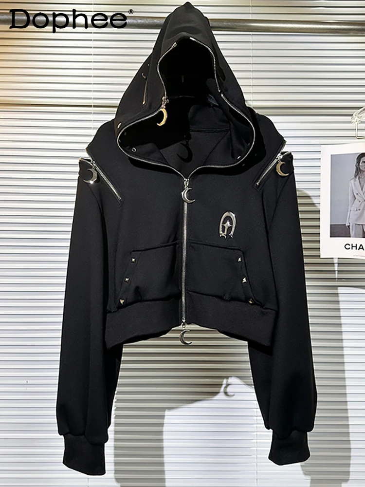 

Y2K Subculture Dark Style Hot Girl Hooded Sweatshirt Jacket for Women Autumn Winter New Zipper Off-Shoulder Loose Top