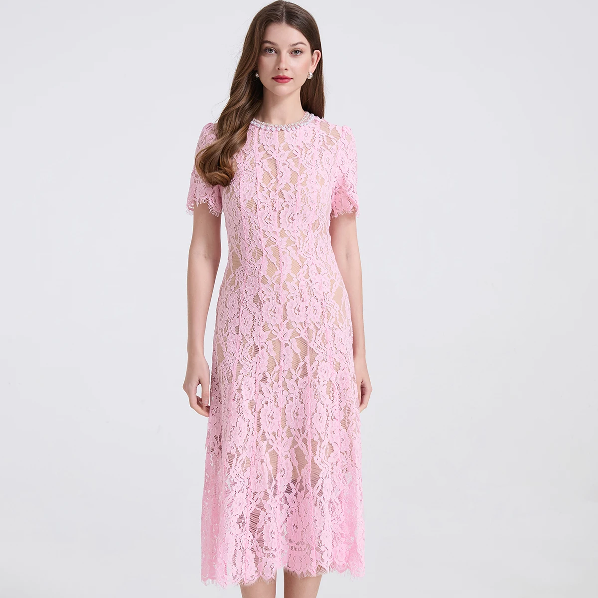 

2025 New Summer Women O-Neck Short Sleeve Slim Long Dress High Quality Fashion Diamonds Beading Neckline Elastic Lace Dress