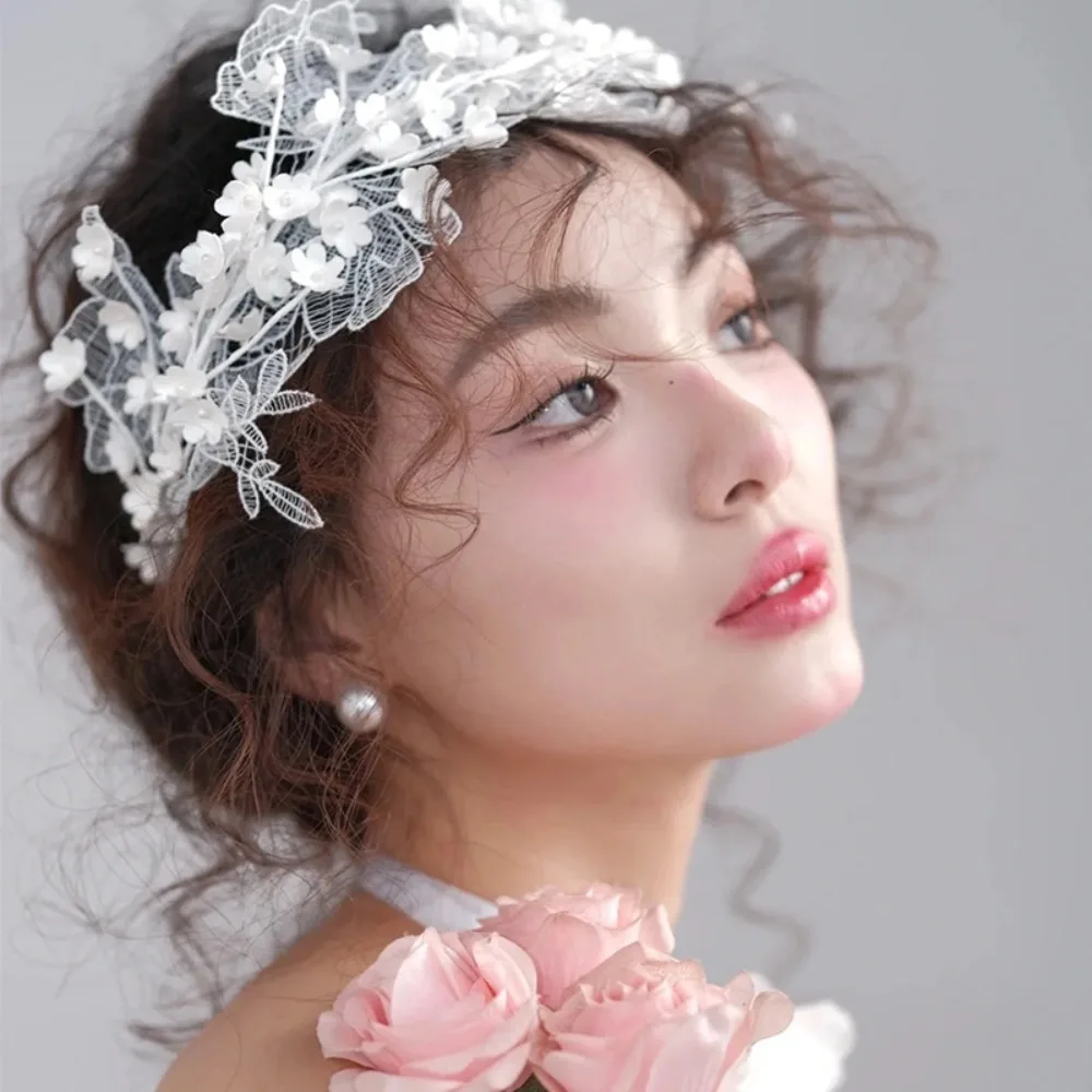 

Exquisite Elegant Bride Headdress Lace White Flower Photography Headband French Style Sweet Wedding Hair Accessories Women
