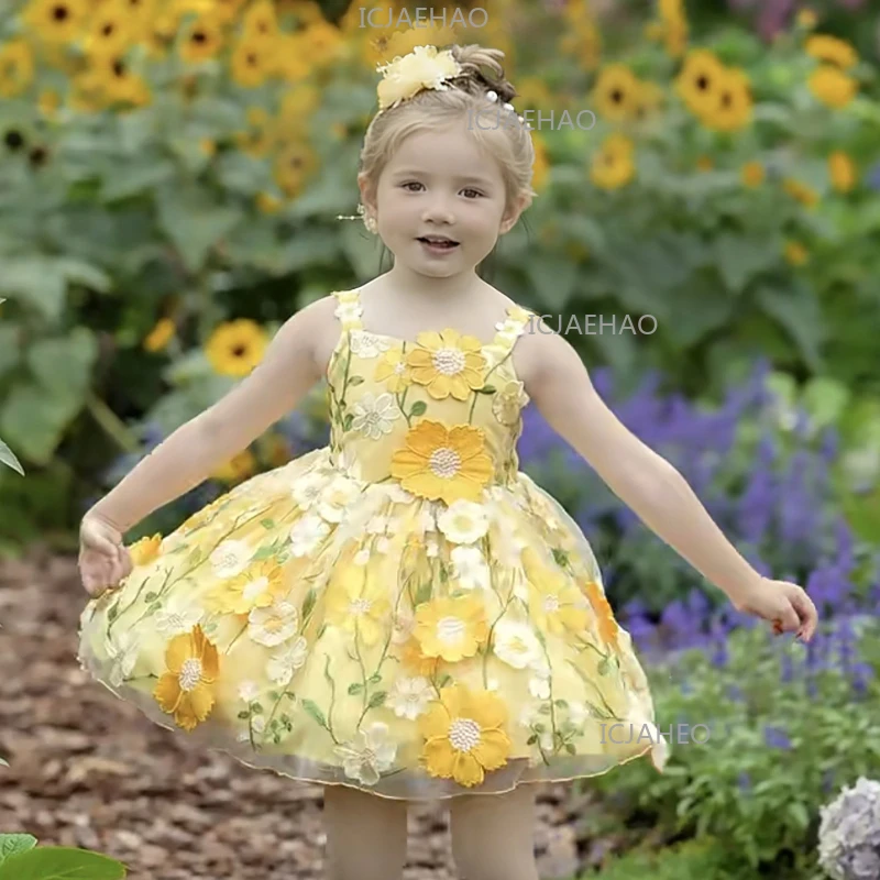 2026 Children Girls 3D Flower Sleeveless Dress Costume New Sweet Princess Gown Little Girl Tutu Pageant Birthday Party Outfit