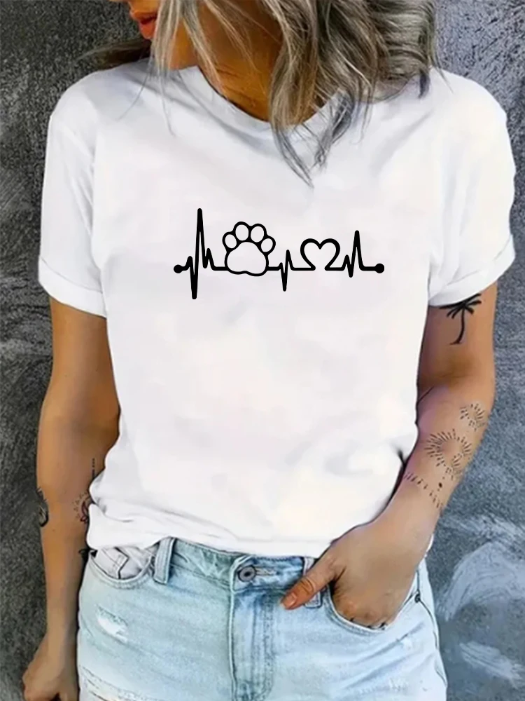 

Heartbeat Pattern Women's T-shirt Seaside Summer Cotton Print Tee Loose Short Sleeved Top White O-neck Men Grunge Unisex Clothes