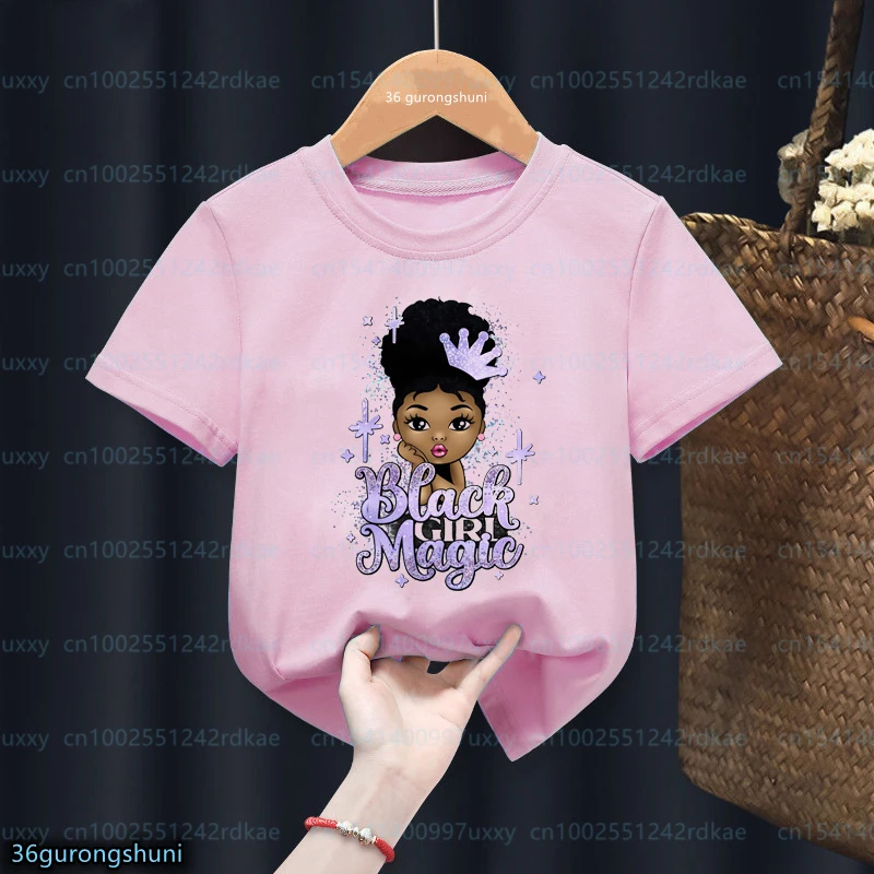 Black Girl Magic Afro Princess, Afro Puff Hair Happy Birthday Girls T-Shirt Unicorn Black Girls Birthday Tshirt Pink tops 1-12y