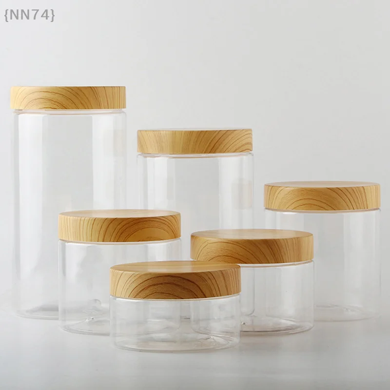 Empty Clear Jar Container With Plastic Imitation Wood Lid Plastic Storage Bottle 1 Pcs {NN74}