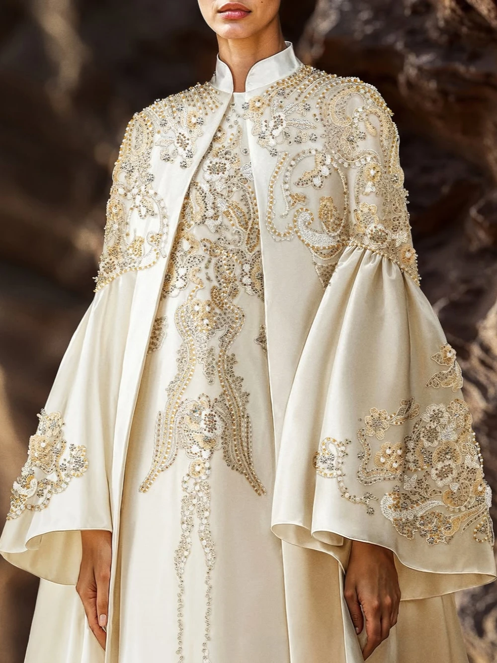 Kaftan High Neck 2-pieces Elegant Evening Dress Muslim Sequins Beaded Long Prom Luxury Customized Wedding Robe Women A Line Gown