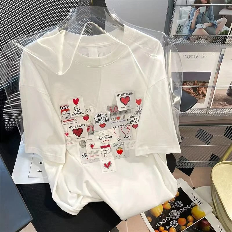 

EBAIHUI White Love Convenience Sticker Short Sleeved T-shirt Loose Vintage Print Ladies Tees Summer Round Neck Couple Top