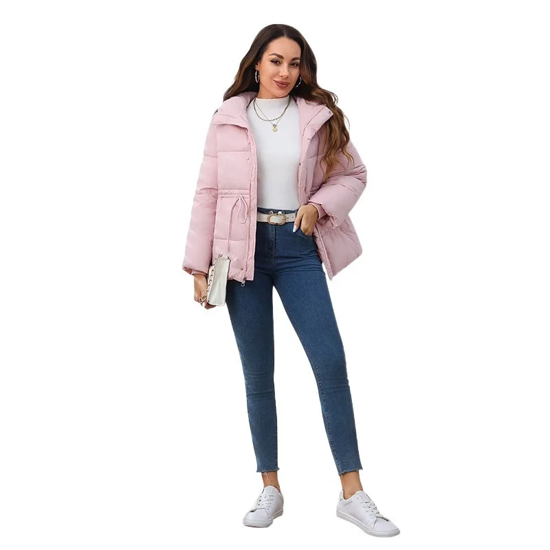 

Autumn Winter Large Size Women's Cotton Jacket With Hood Drawstring Waist European And American Style Cotton Coat