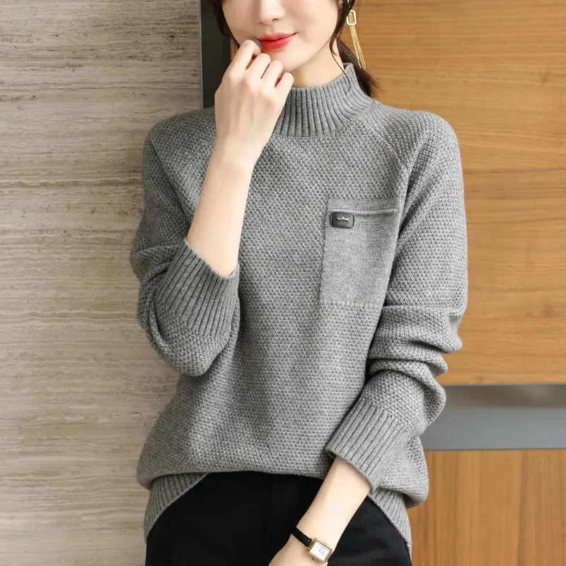 

Autumn Winter 2023 New Ladies Sweater With Semi-High Neck Coat Female Loose Large Size Pullover Jacket Bottoming Shirt Women Top