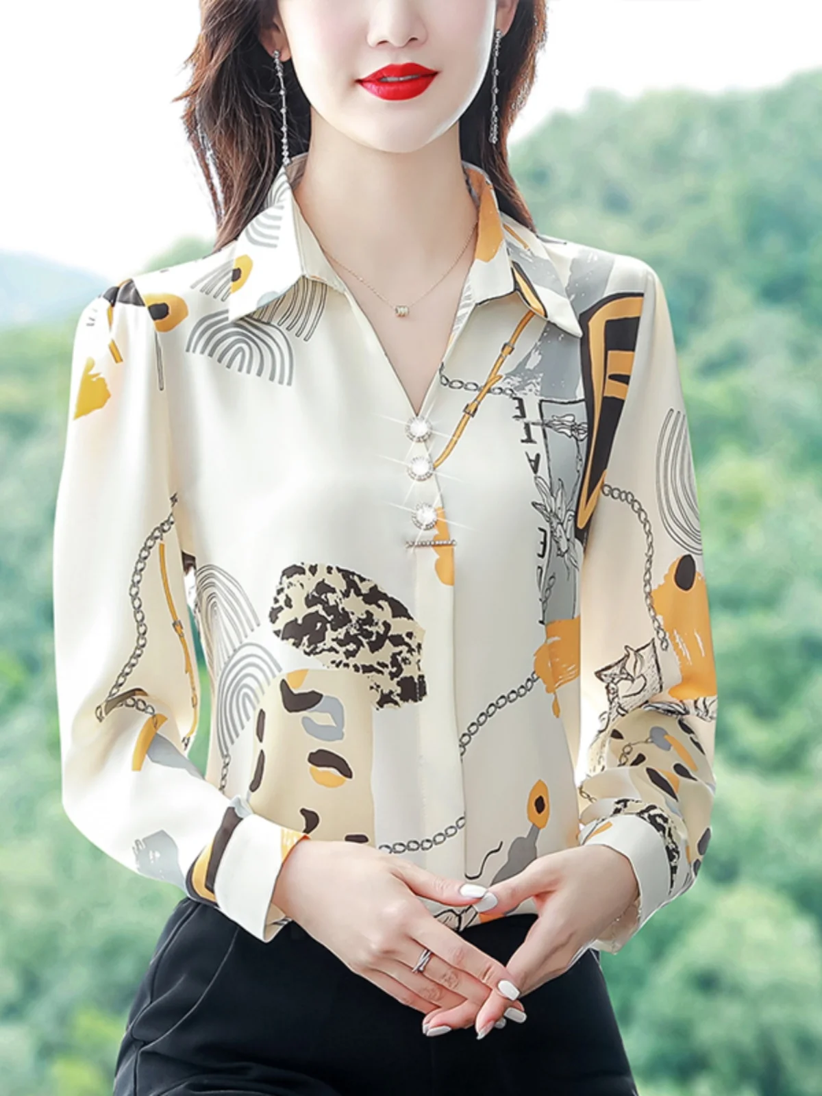 

Модная блузка с принтом и длинным рукавом для мам, из шифона, скрывающая живот, в корейском стиле, прямого кроя