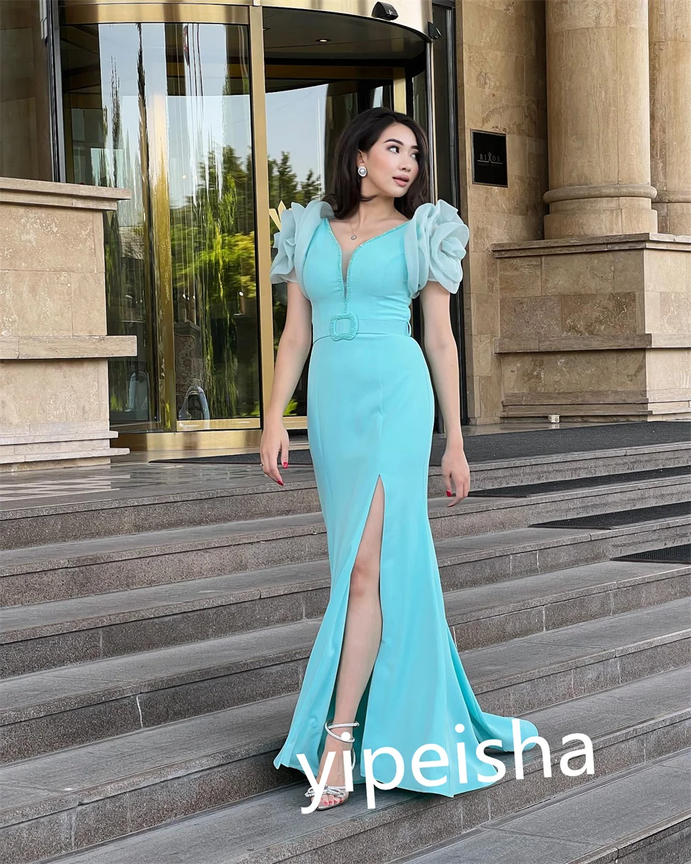 Customized Exquisite Matching V-neck Mermaid Floor Length Evening Dress Formal Ocassion Gown Flower Satin vestido de festa mulhe